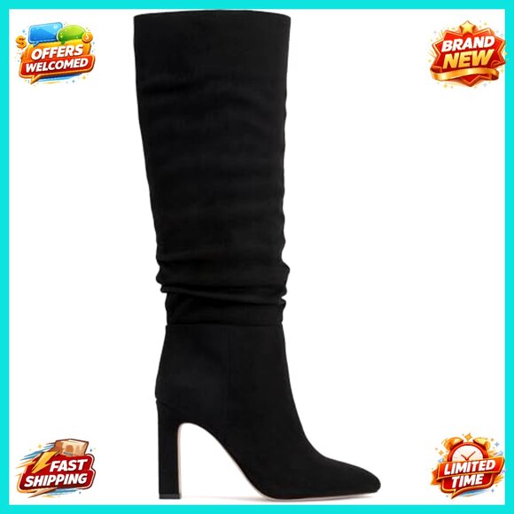 Knee High Slouchy Boots 3.7 Inch Heel Pull On Faux Leather - Picture 6 of 7